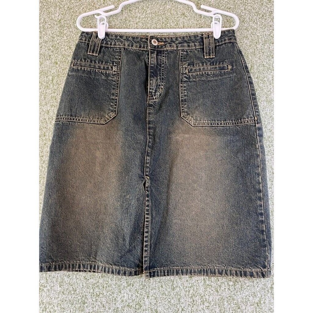 Carolina Blues Jean Skirt 12 Vintage Blue Distressed Front Slit Patch Pockets